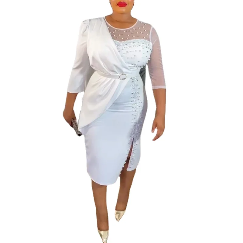 African Evening Dresses for Women 2023 African Wedding Party Bodycon Robe Dashiki 3/4 Sleeve Polyester White Pink Blue Dress