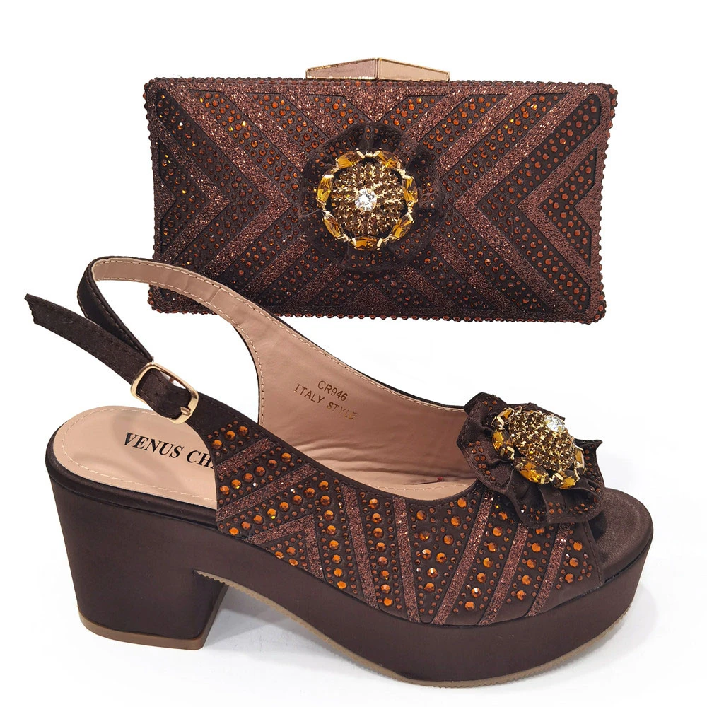 Venus Chan New Italian Design Peach Sparkling Diamond With Pearl Flower Decoration Exquisite Party Ladies Shoes And Bag Set