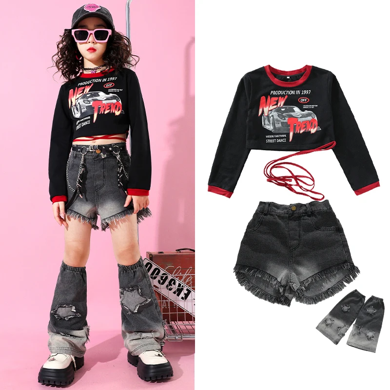 

Jazz Dancing Outfits For Girls Black Crop Tops Jeans Outfits Children Ballroom Hip Hop Dance Performance Stage Costumes DQS14194