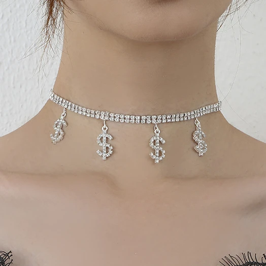 

Crystal Dollar Sign Necklace for Women Charm Neck Chain Jewelry Metal Party Fashion Necklaces Bohemian Collar Choker