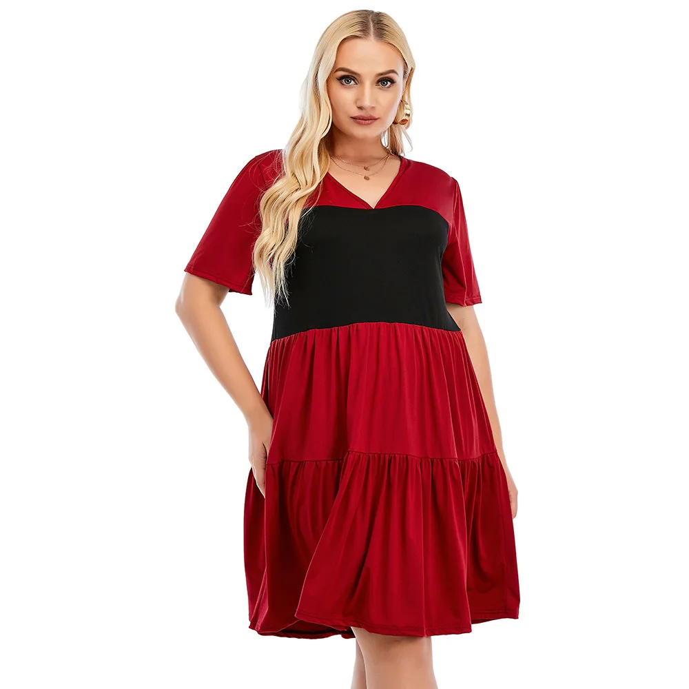 Plus Size Ladies Dress Fall Fashion Elegant Sexy V-neck Short Sleeve Patchwork Loose A-line Skirt Women's Clothing L-5XL Oversiz