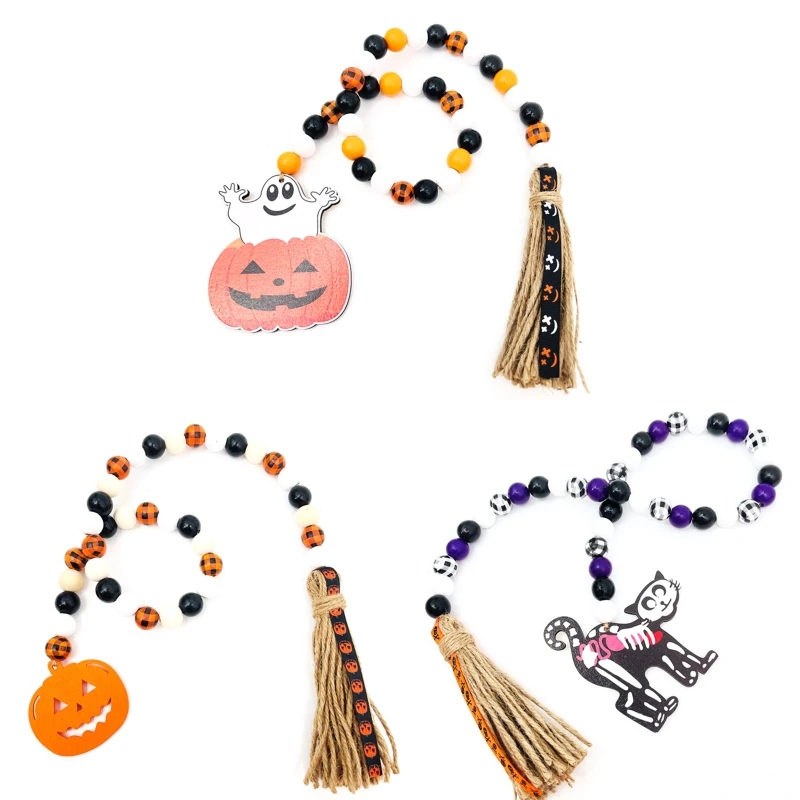 

T84E Halloween Wooden Bead Garland Pumpkin Tassel Hanghing Ornament for Home Farmhouse Tiered Tray Decoration Supplies