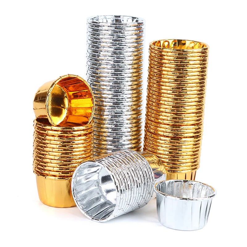 

50PCS Mini Cupcake Foil Cupcake Wrapper Paper Gold Silver Cupcake Liner Baking Cups Tray Case Wedding Caissettes Muffin Cupcake