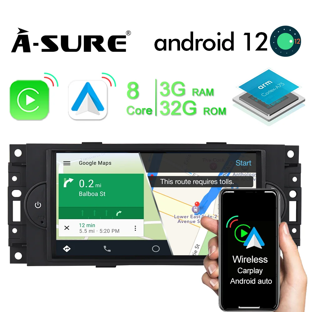 

A-Sure 7'' 2+32G Android 12 Radio Car Multimedia CarPlay GPS Navigation For Jeep Grand Cherokee Commander Wrangler Chrysler 300C