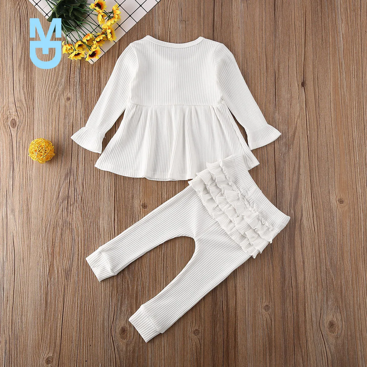 

New born Baby Girl Clothes Solid Color Long Sleeve Knitted Cotton Tops Flower Ruffle Long Pants 2Pcs Outfits Clothes