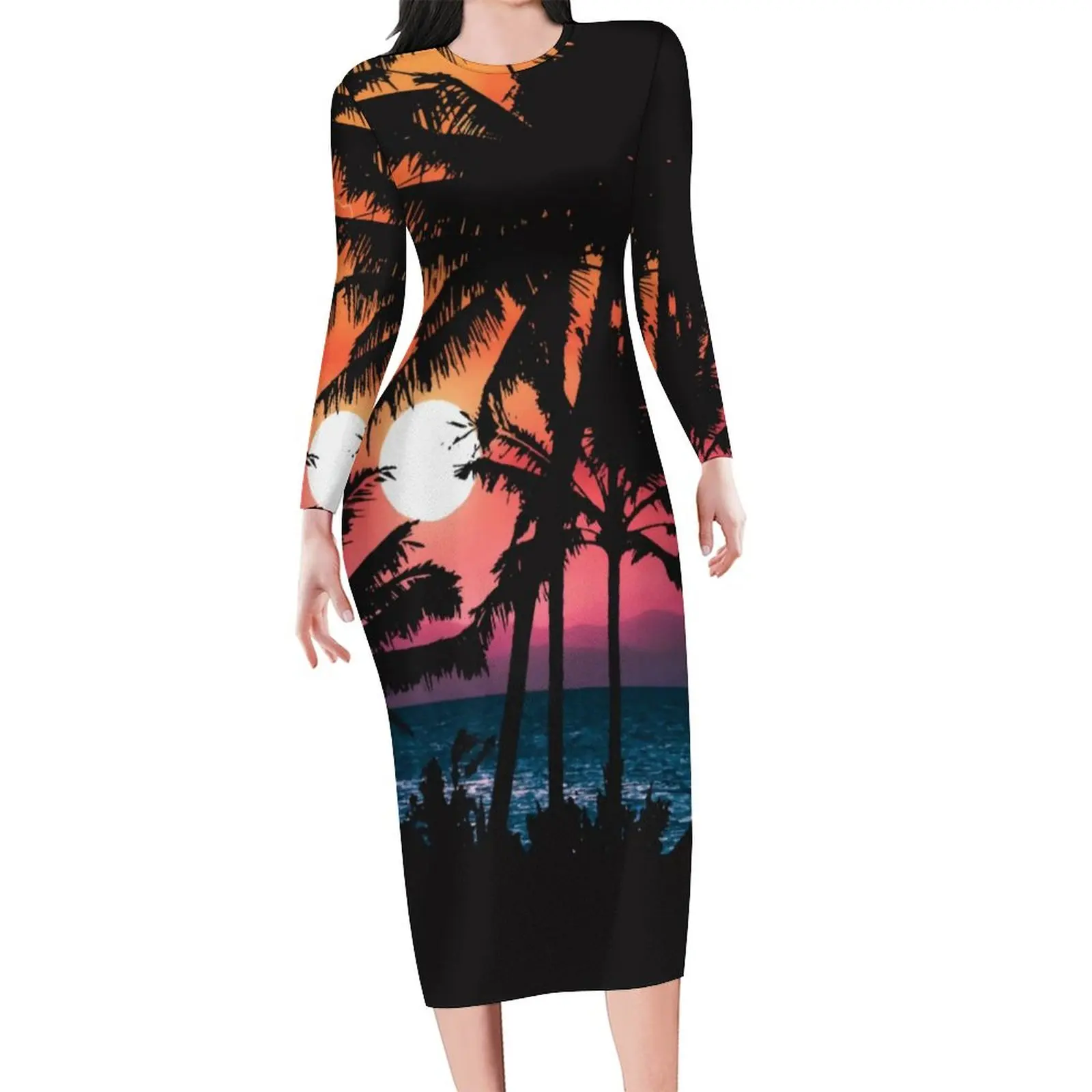 

Summer Sunset Bodycon Dress Female Tropical Palm Trees Trendy Dresses Spring Long Sleeve Streetwear Printed Dress Large Size 6XL