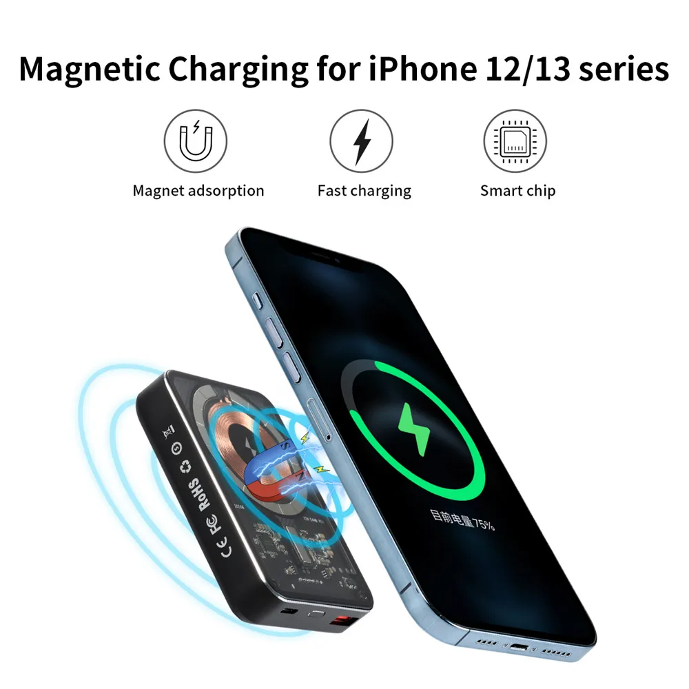 

10000mAh 22.5W Power Bank Fast Magnetic Wireless Chargers For iPhone 13 12 11 Pro Max magsafe Xiaomi PD 20W transparent style