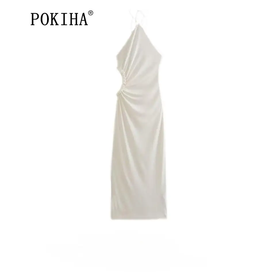 

Pokiha модное женское однотонное без рукавов плиссированное платье миди с бантом и лямкой на шее с открытой спиной разрезами женское облегающее платье для выпускного вечера шикарные платья