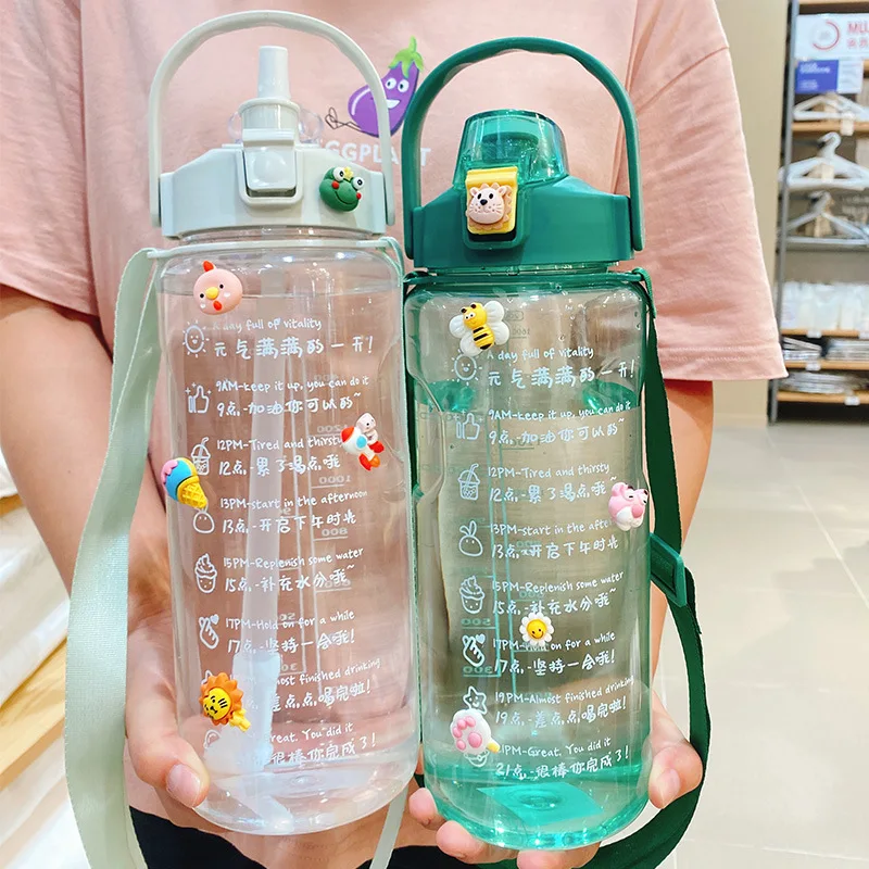 

Summer Outdoor Travel Cup Sports Gym Drinking Tumbler 1.5/2L Water Bottle With Time Marker Girl Fitness Jugs Large Capacity Mug