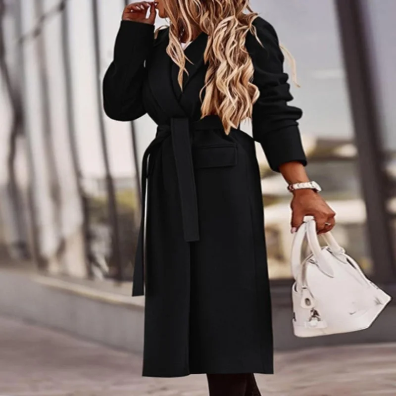 

Lapel Long-sleeved Coat Solid Color Belt Work Coat Jacket Keep Warm Waist Waist Slim Veste Femme Fall/winter Women's Coat Jacket