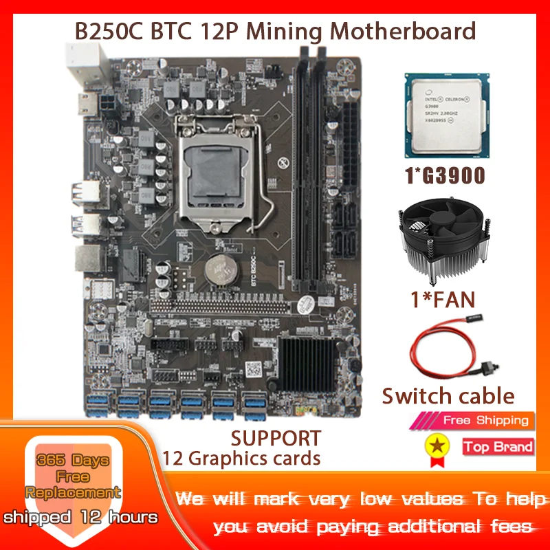 

B250 BTC ETH Mining Motherboard PCIE 16x to USB3.0 GPU Slot LGA1151 Support DDR4 DIMM RAM With G3900 CPU For Bitcoin Miner Rig