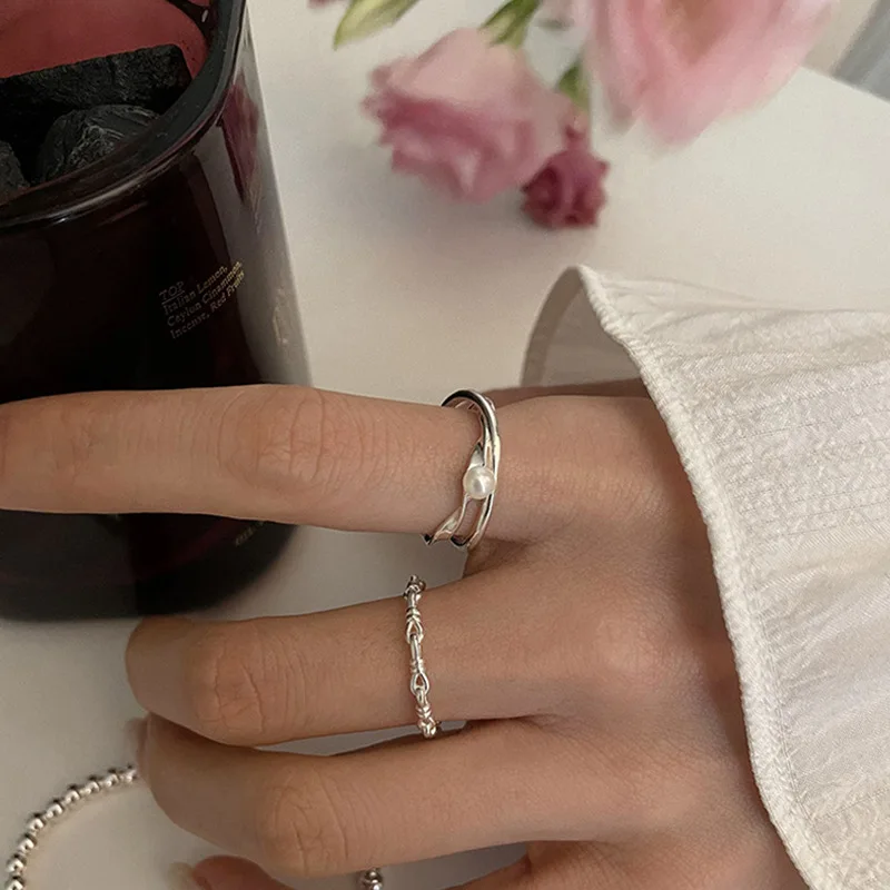 

Vintage Open Pearl Ring Women Simple Sliver Color Knuckle Finger Ring Jewelry Accessories Retro Wholesale Statement Rings Gift