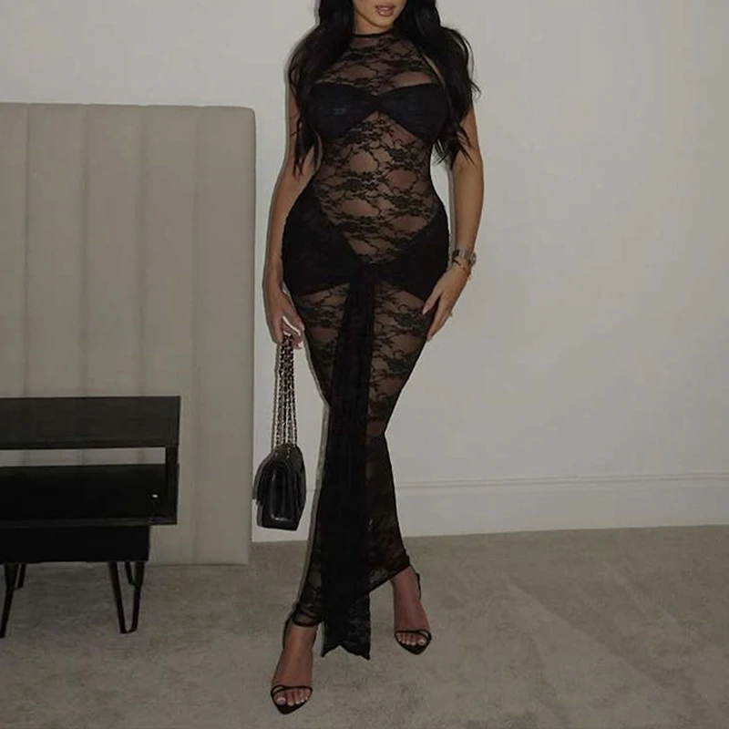 OMSJ черное кружевное прозрачное длинное платье-футляр с открытыми плечами без