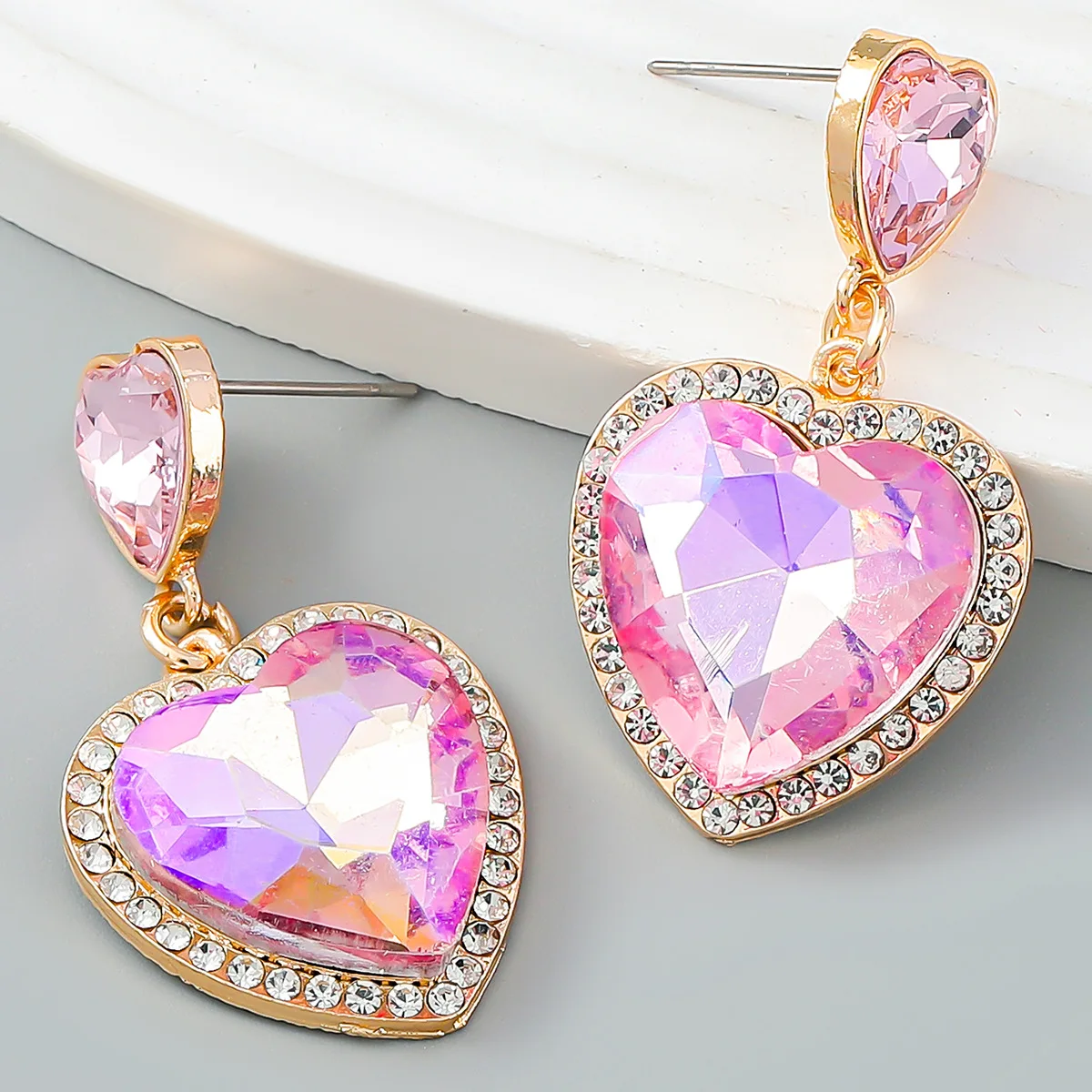 

Romantic Heart Women Crystal Fuchsia Zircon Drop Earrings Statement Wedding Party Jewelry