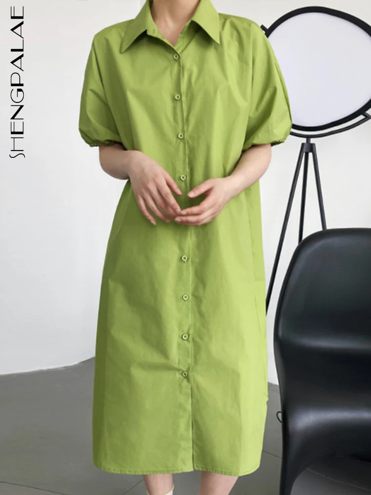 

SHENGPALAE зеленое платье, женское свободное повседневное однотонное однобортное платье с отворотом и коротким рукавом, новинка 2022, летняя мода ...