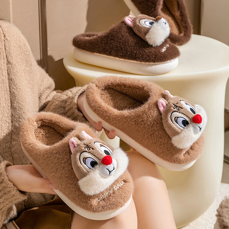Зимние плюшевые куклы Disney Kawaii Chip &amp Dale женские хлопковые тапочки с героями