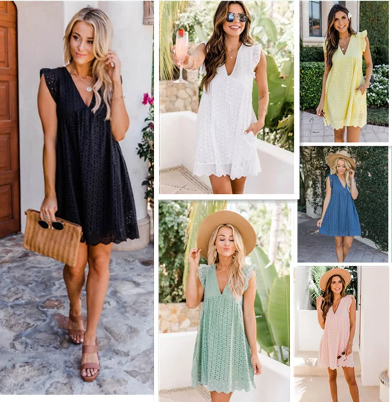 

Sexy Hollow Out Lace A Line Sundress V Neck Ruffle Sleeve Solid Color Elegant Dress with Pocket Female 2023summer beach New pop
