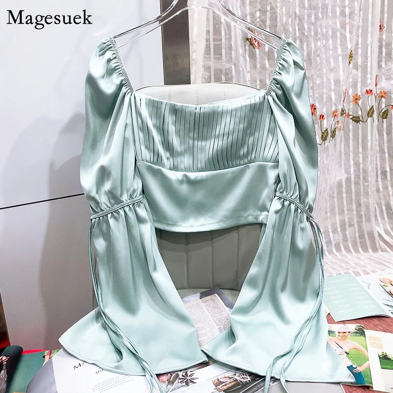 

Autumn Satin Elegant Green Women's Shirt Chic Square Collar Silk Blouse Woman Flare Sleeve Super Short Shirts Cropped Tops 22838