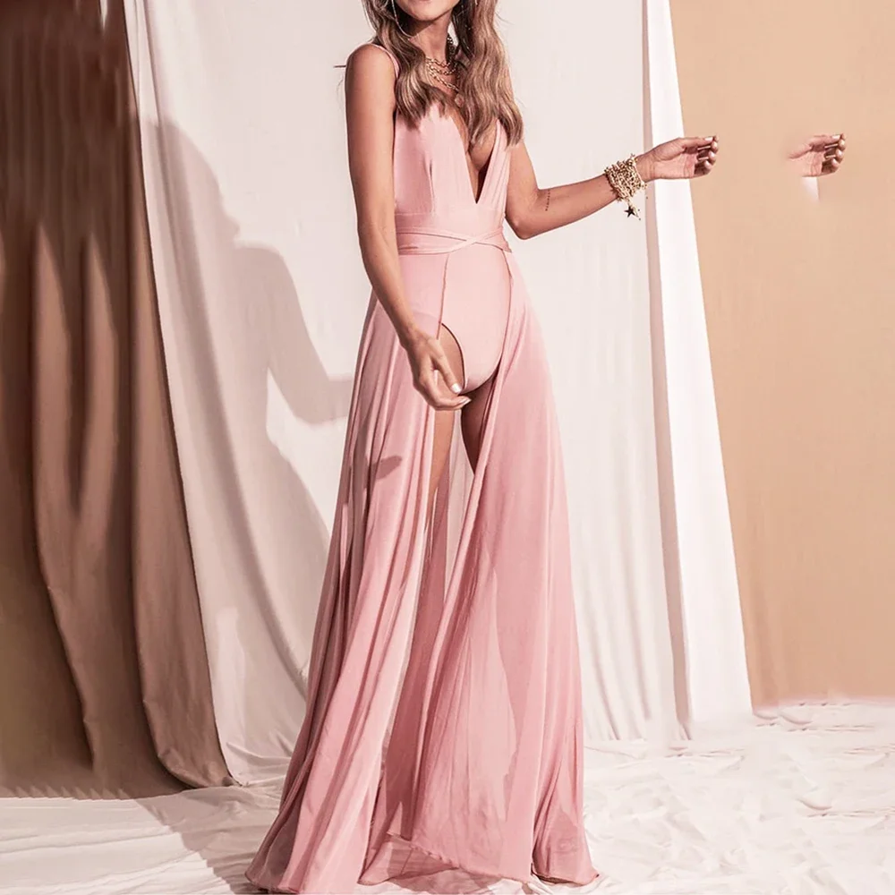 

Solid Color Dark V-Neck Suspenders Bikini Backless Beachwear Swimsuit Women's Fashion Mesh Straps Cover Luxury Bathing Suit