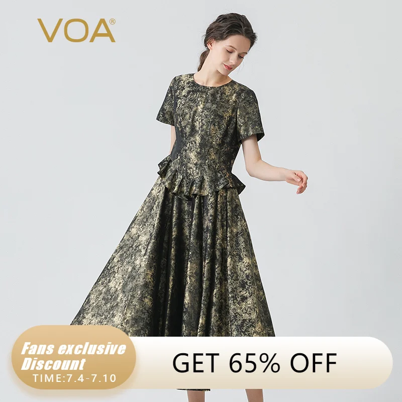 

VOA Yarn-dyed Jacquard Mulberry Silk Money Grass O-neck Waist Three-dimensional Decoration A-line Large Swing Silk Dress AE1608
