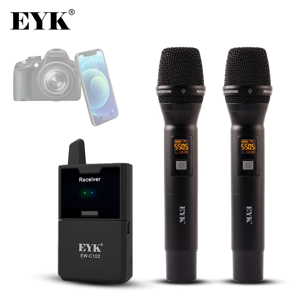 EYK EW-C102 Dual Channels UHF Wireless Handheld Microphone with Monitor Function for Camera DSLR Phone Live Interview Recording