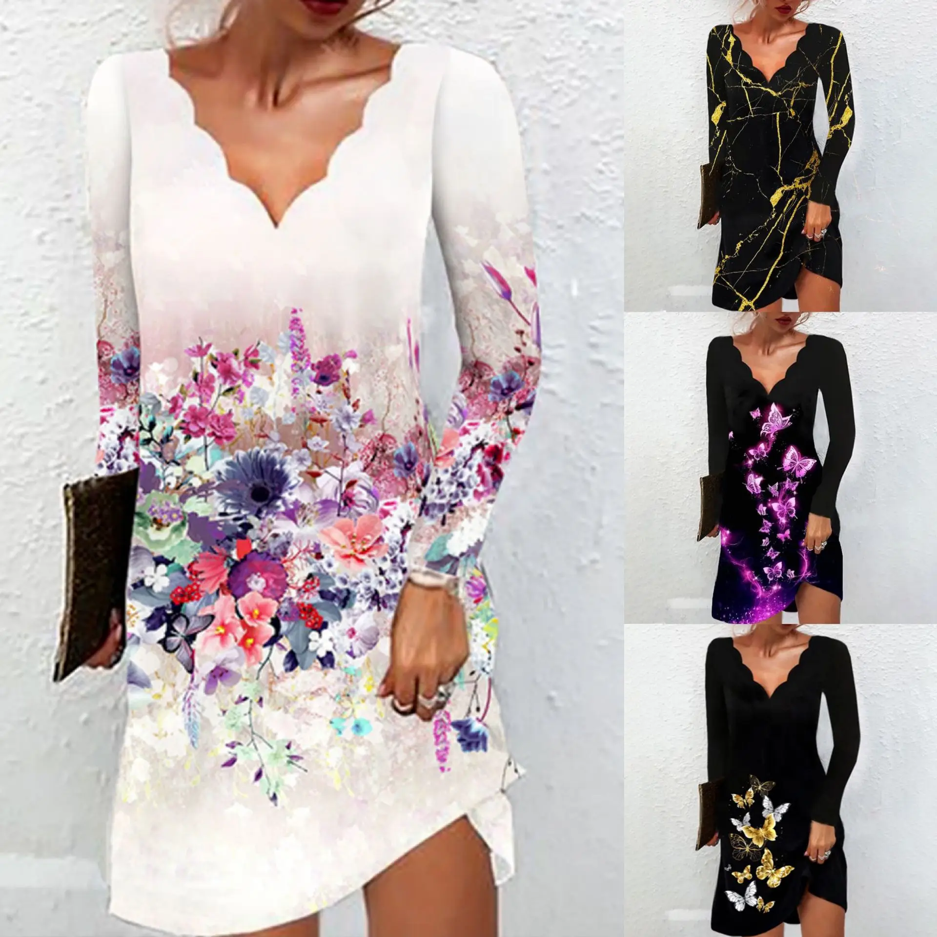 

Новинка 2022, женская одежда на осень и зиму, элегантное модное платье с V-образным вырезом и принтом в виде волны, Повседневный пуловер для отд...