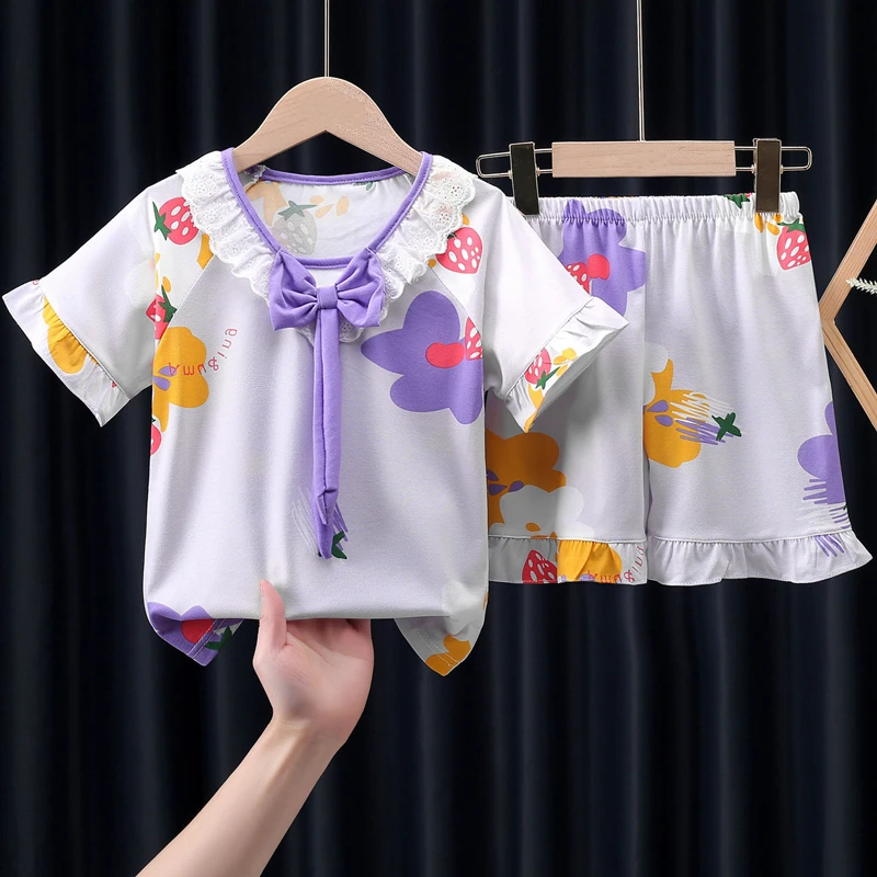 

Новый декоративный Пижамный комплект для девочек в стиле принцессы с бантом, детский летний Повседневный Пижамный костюм с коротким рукаво...