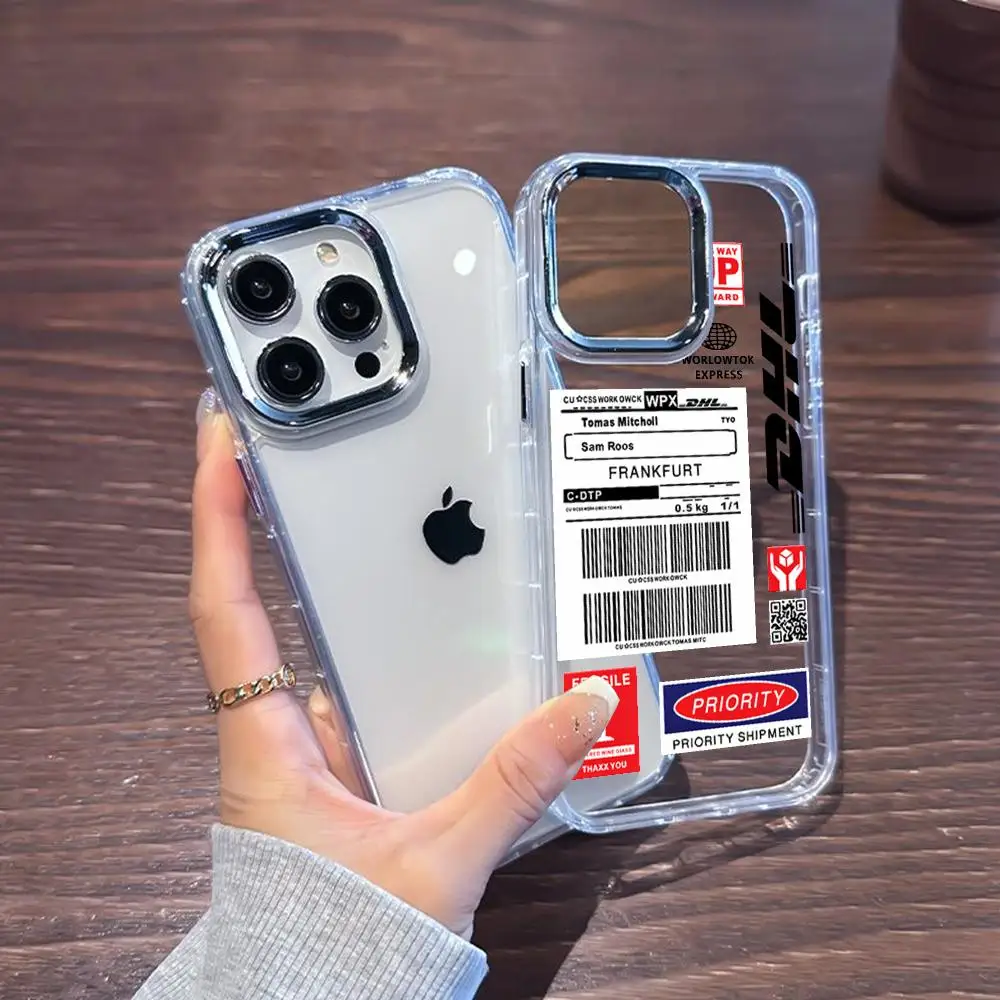 Фото Горячий тренд: Чехол для телефона с этикеткой-штрихкодом D-DHL для iPhone 17, 16, 15 Pro Max, 17 Air, 14, 13 Pro, 12 Mini Plus, серебристый корпус, IMD-покрытие №5