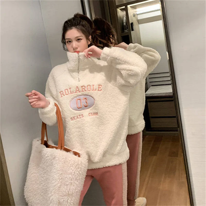 

Women Lamb Wool Half High Collar Sweatshirts Casual Long Sleeve Letter Embroidery Hoodie Harajuku Loose Pullovers