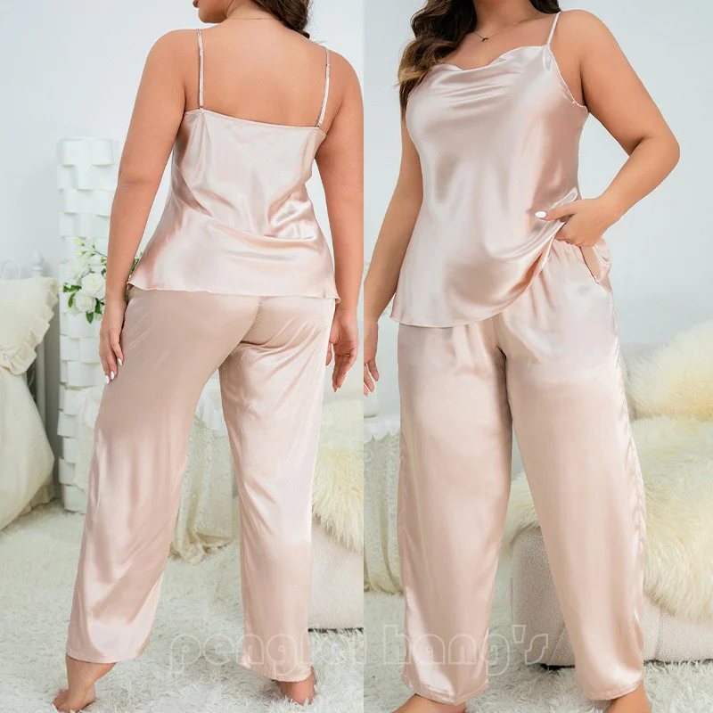 

Big Size 4Xl 5Xl Pajamas Women Cmai&pants 2Pcs Sexy Lace Trim Sleepwear Loungewear Satin Home Clothes Summer Nightgown Lingerie