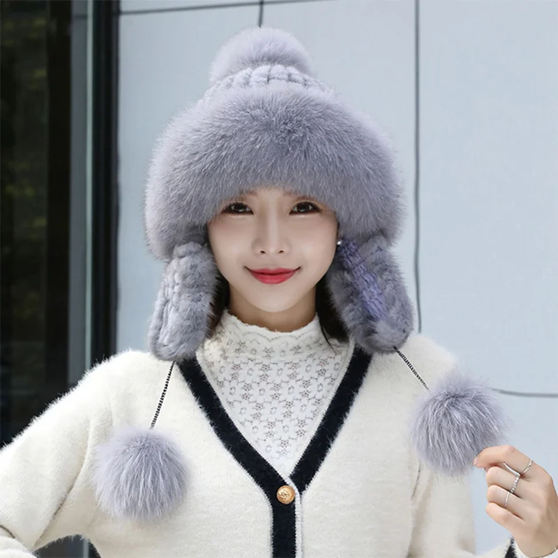 

New Winter Warm Woven Fur Hat Mink Hat Female Fox Fur Ball Ear Protector Sweet Temperament All-match