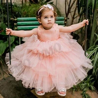 lovely peach pink beads toddler flower girl dresses birthday costumes wedding photography gown customised tiered fashion gown