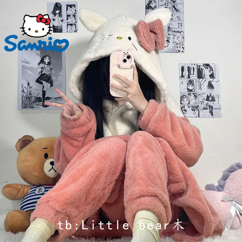 

Sanrio Kawaii Hello Kitty Coral Fleece Cartoon Nightgown Pajama Pants Hello Kitty Furry Autumn And Winter Pajamas Set Wear Set