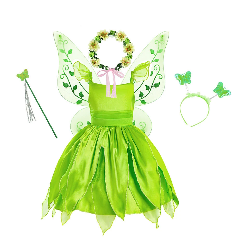 

Christmas Fairy Costume for Girls 2022 Princess Tinker Bell Dress Elf Wings Headband Wand Toddler Fancy Birthday Party Gowns