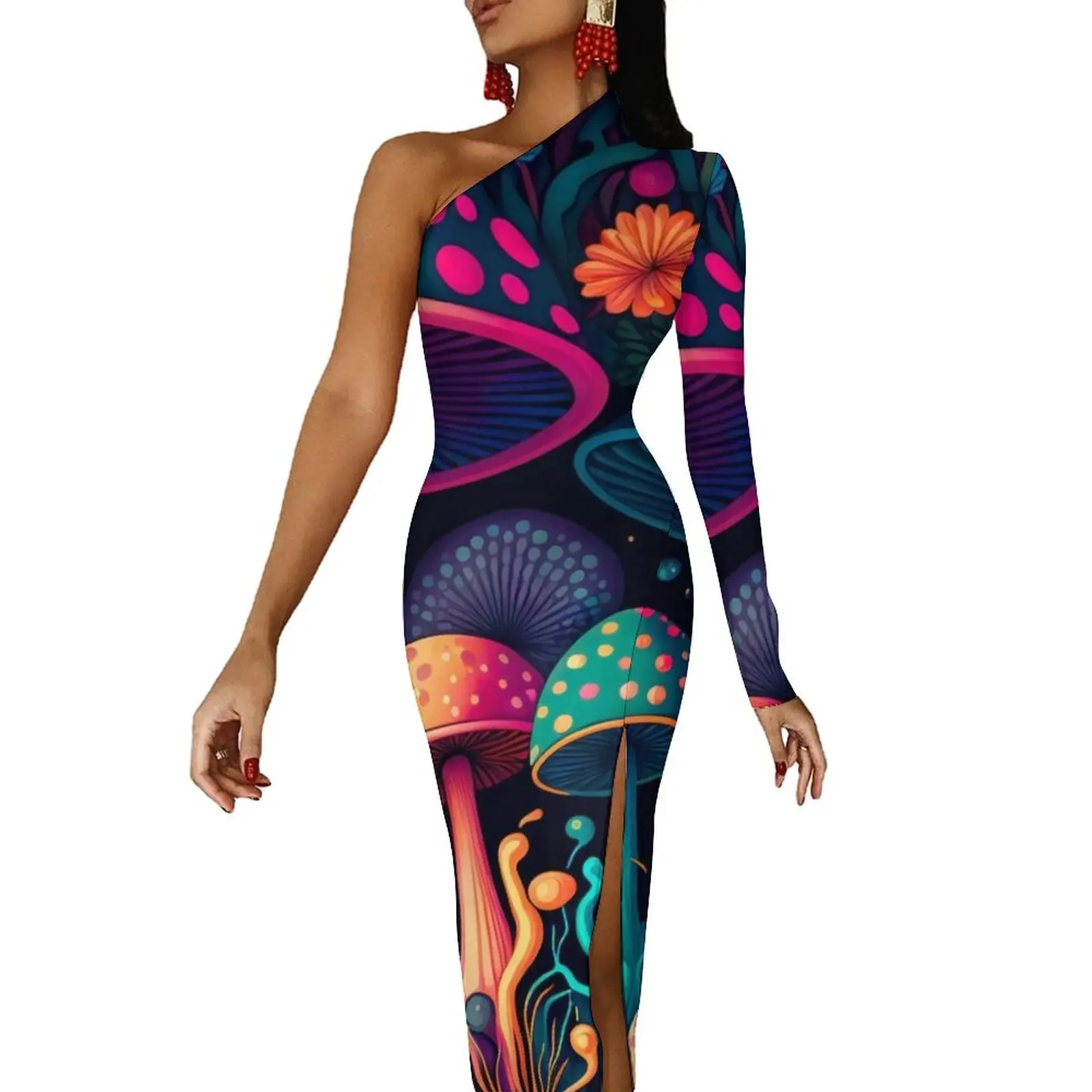 

Magic Mushroom Maxi Dress One Shoulder Cute Mushrooms Print Street Style Bodycon Dresses Summer Dress Womens Custom Clothing