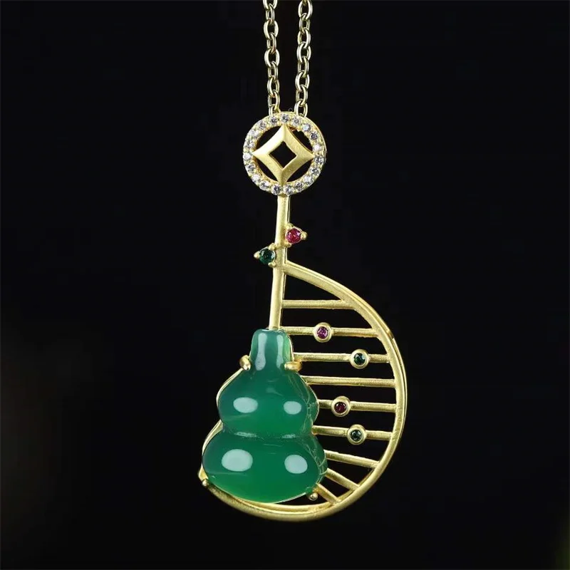 

Hot Selling Natural Hand-carved Jade Inlay Gold Color 24k Pipa Gourd Necklace Pendant Fashion Jewelry Men Women Luck Gifts