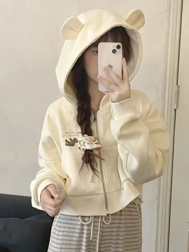 

HOUZHOU Japanese Fashion Kawaii Short Hoodie Women Harajuku Cute Bear Ears Zipper Oversized Hooded Sweatshirt Soft Gril 2023