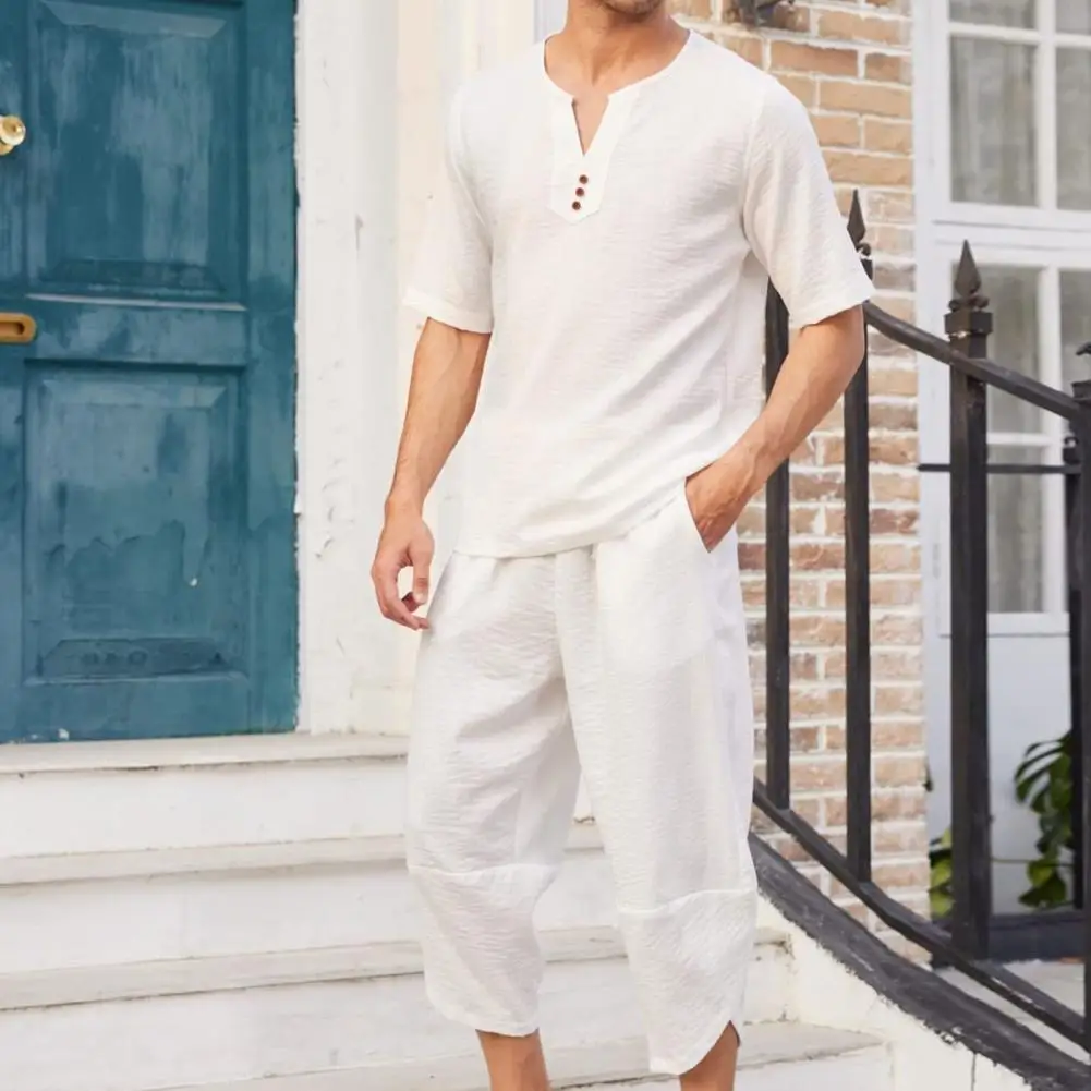 

Drawstring 2 Pcs/Set Great Leisure Men Top Pants Set Elastic Waists Men Tracksuit Short Sleeve for Beach
