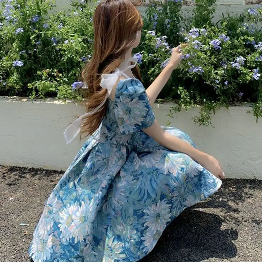 

Blue Floral Dress for Women, New Summer Design, Light Luxury, Court Oil Painting Temperament, Waist Down, Fluffy Short Skirt