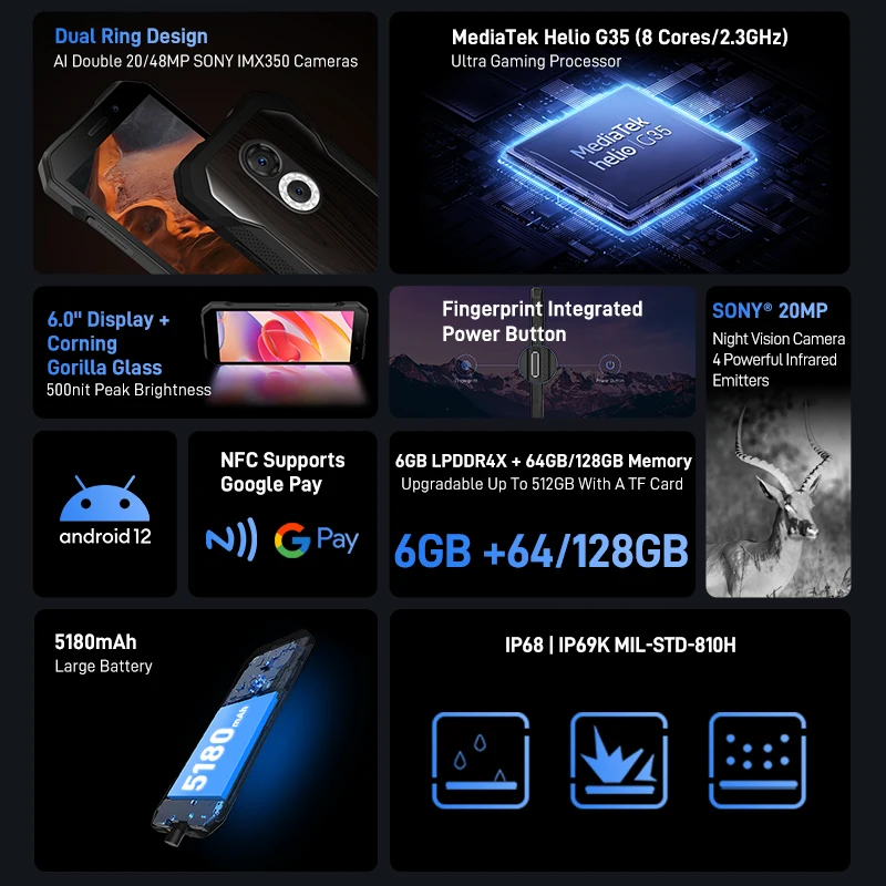 DOOGEE S61 Rugged Phone 6.0Inch Android 12 Multiple Back Case Design 6GB+64GB/128GB 20MP Night Vision Camera 5180mAh cellPhones