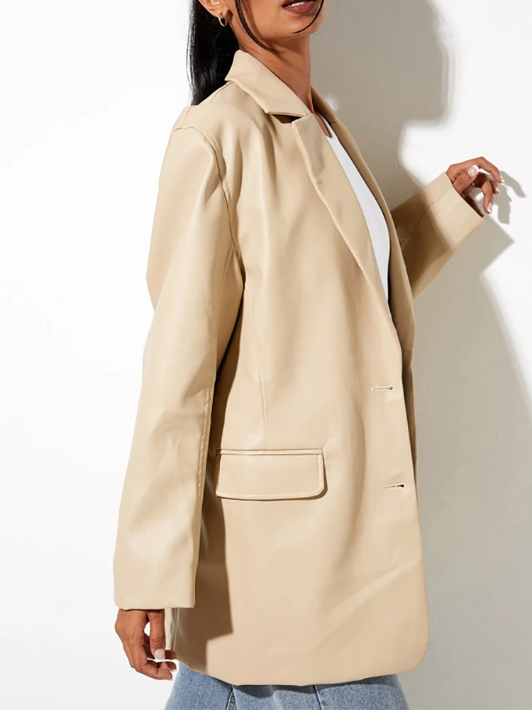 Women PU Faux Leather Blazers Single Breasted Vintage Long Sleeve Pockets Loose Jackets Ladies New Coats Female Suit Outerwears