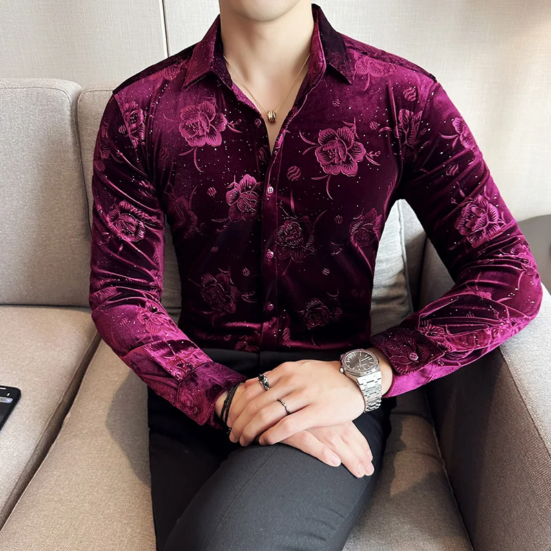 For Men Luxury Flower Print Long Sleeved Slim Fit Velvet Mens Dress Shirt Club Stage Prom Men Clothing