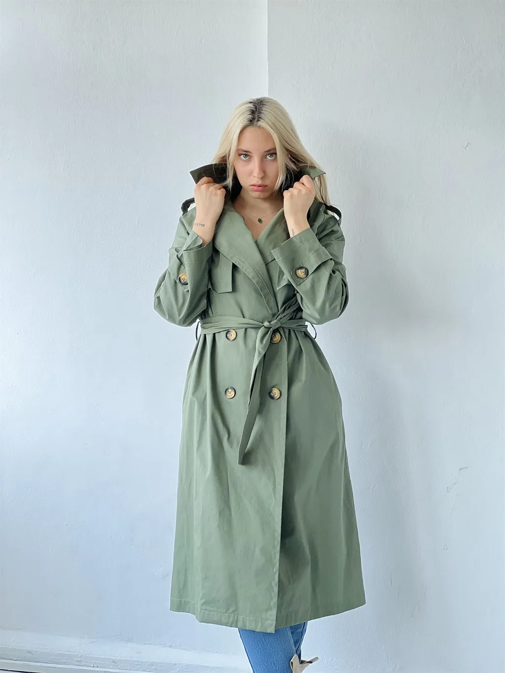 

Retrobird Women Trench Coat Casual Use Unlined Woven Retro Pattern Khaki Color Rain coat