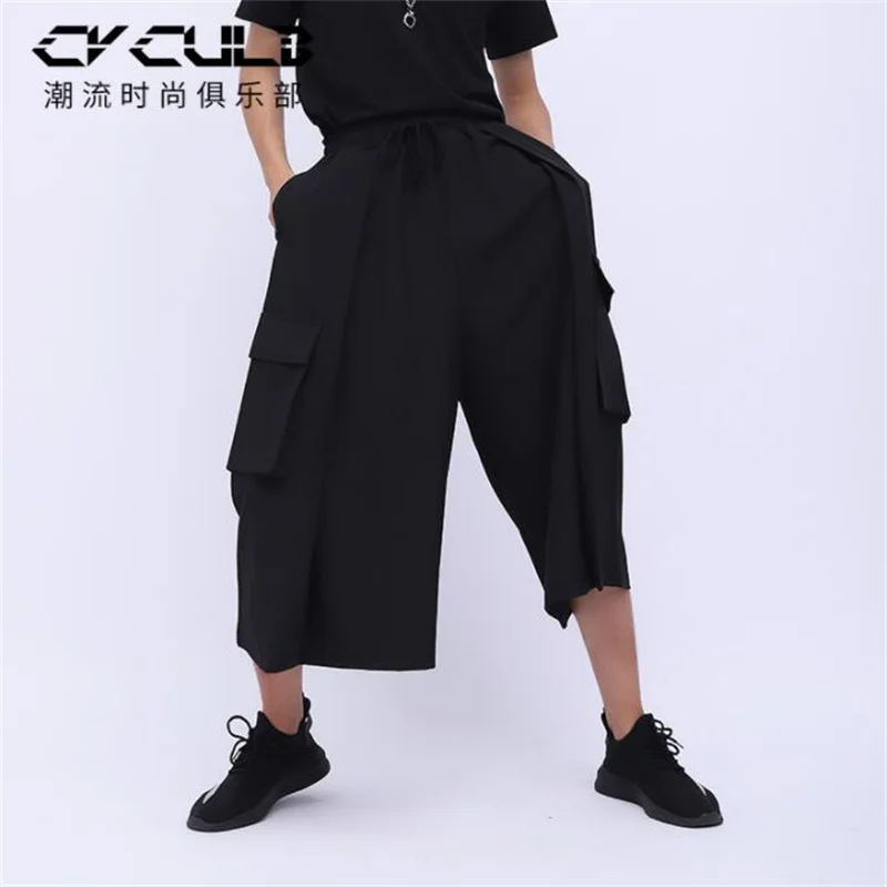 

Summer New Cropped Pants Loose Men'S Large Pockets Casual Dark Wide-Leg Straight Workwear Solid Color Black Mid Waist Micro-Bomb