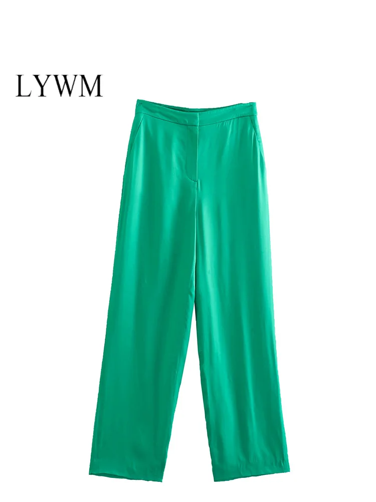 

LYWM Women Fashion Satin Wide Leg Pants With Pockets Vintage Zipper Fly Female Trousers Mujer Chic Outfits