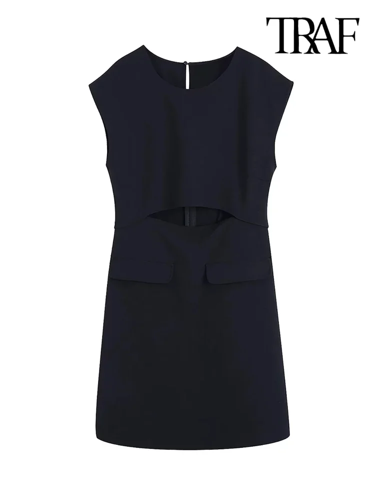

TRAF Women Fashion With Hollow Out Mini Dress Vintage Sleeveless Back Zipper Female Dresses Vestidos Mujer