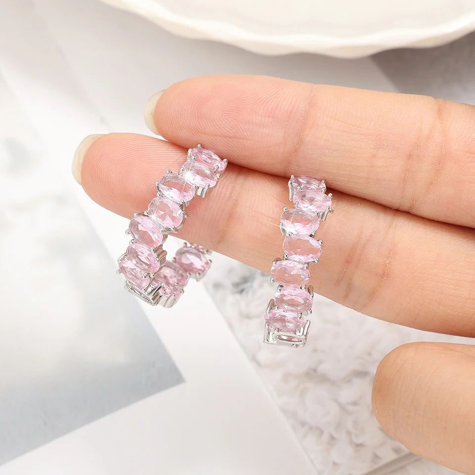 ZAKOL новые розовые овальные циркониевые серьги-кольца в форме CC для женщин модные