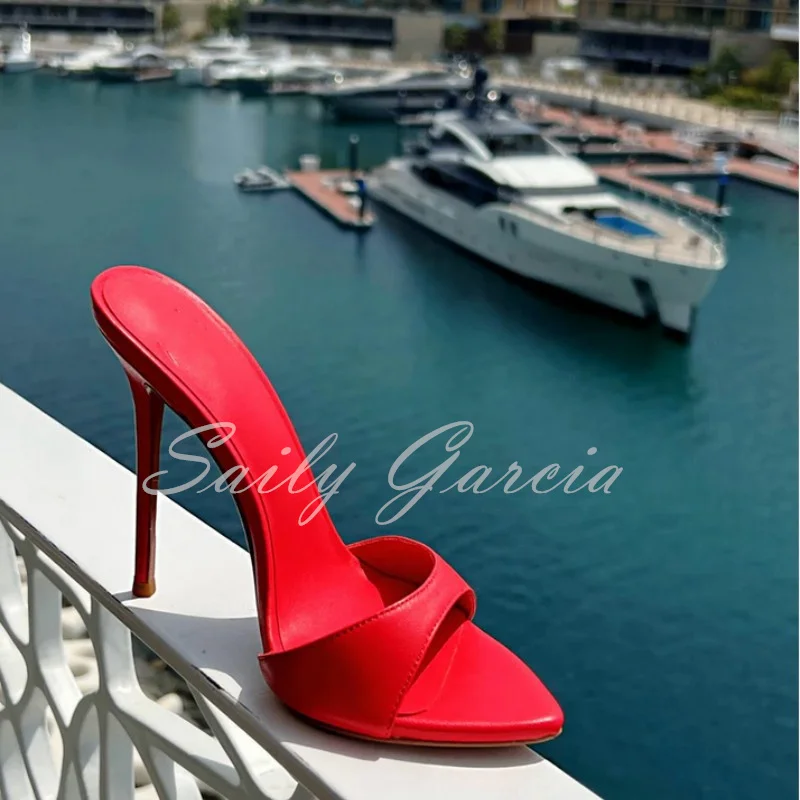 Red Pointed Toe Stiletto Heel Slippers Sexy Solid Slip-on Thin High Heel Sandals Women Dress Shoes Green Outdoor Size 46