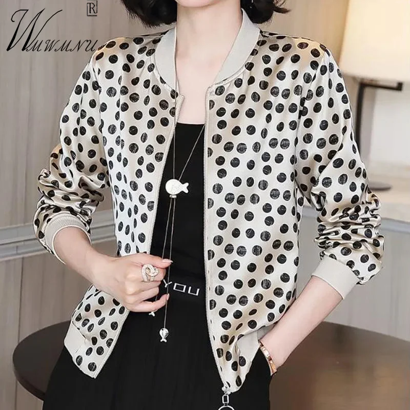 

2022 Spring Short Women's Jacket Korean Fashion Polka Dot Print Bomber Jacket Vintage Zip Cotton Cropped Coat Mother Cardigan