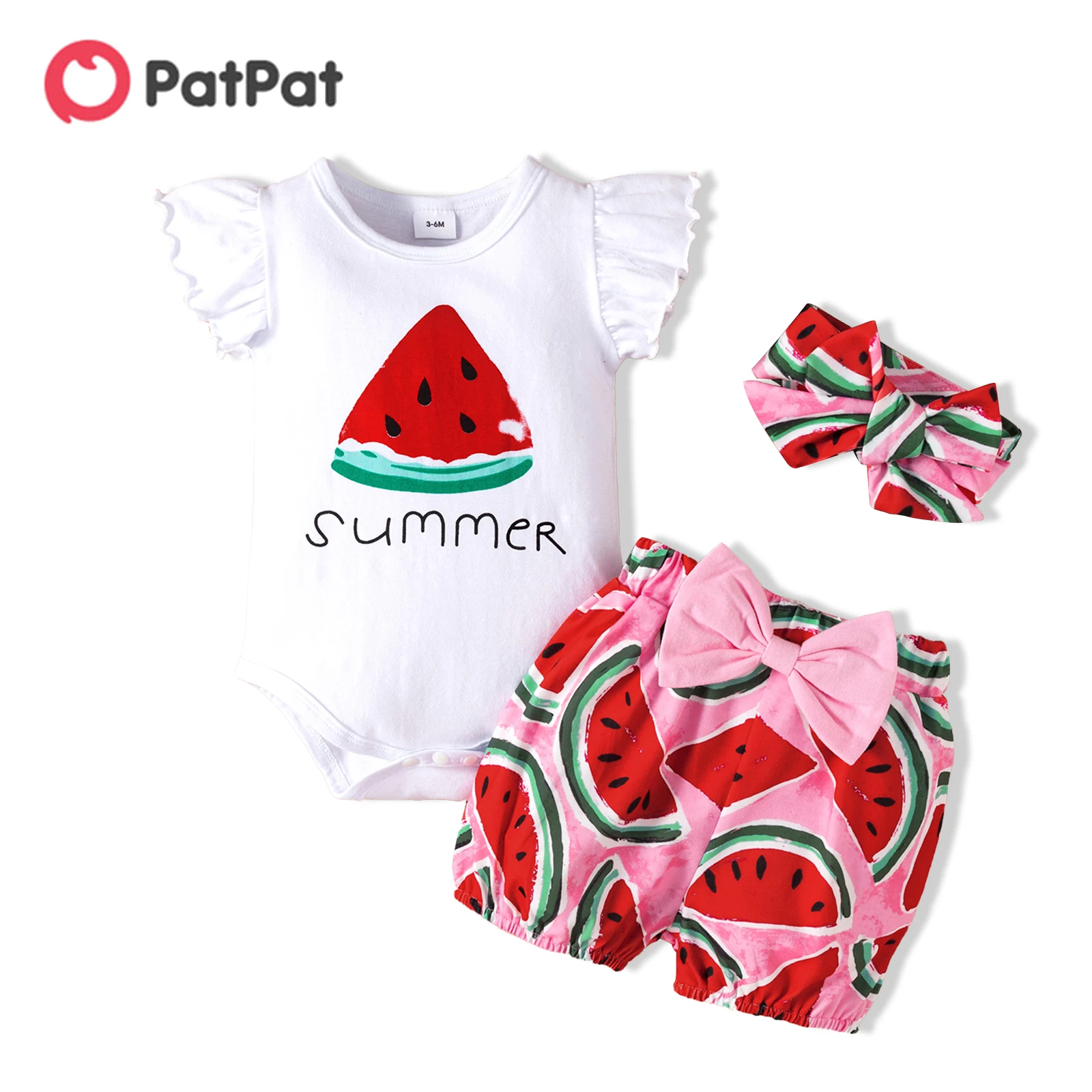 

PatPat 3pcs Baby Girl 95% Cotton Flutter-sleeve Watermelon Print Romper and Bowknot Shorts with Headband Set